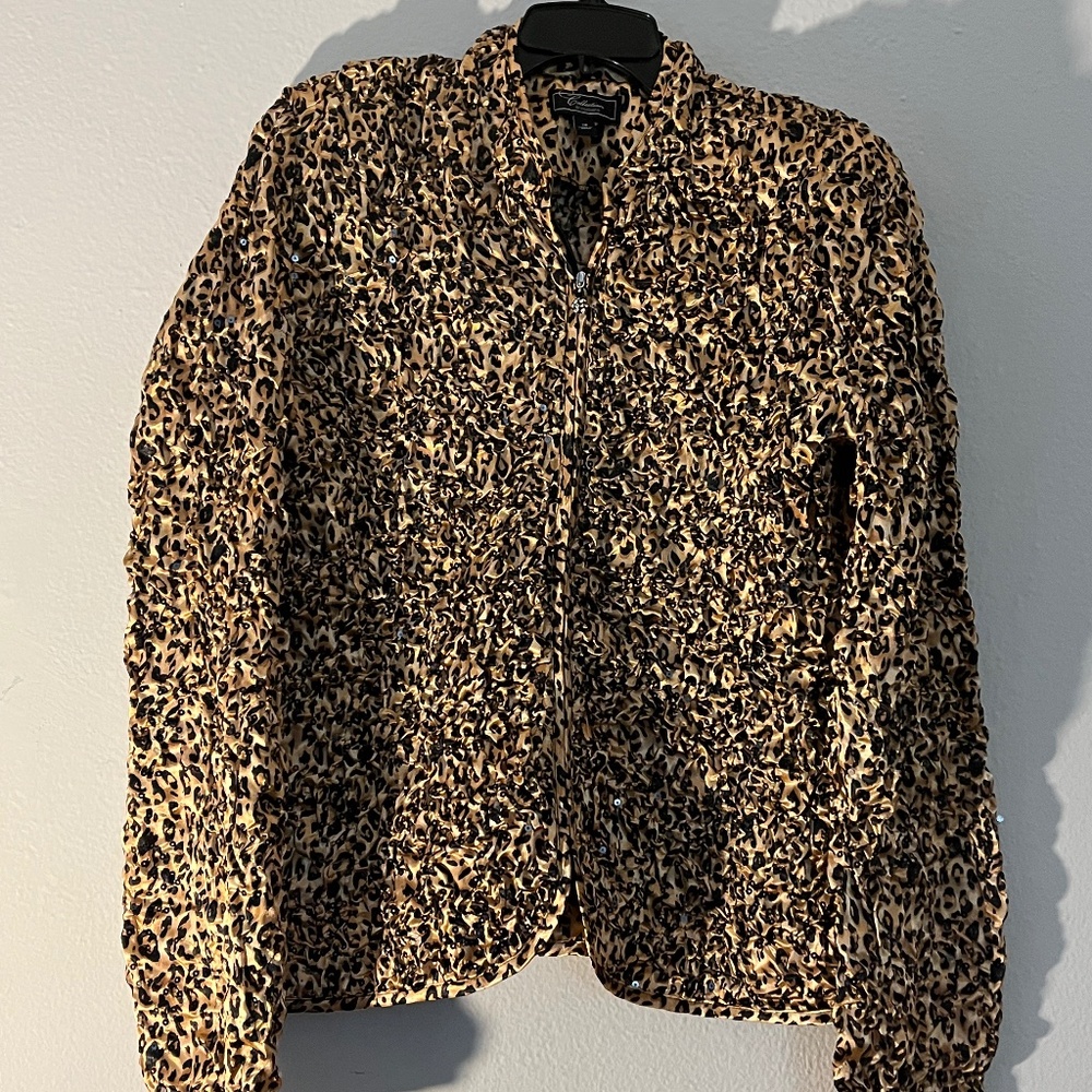 Animal print sequin decorated front zipper jacket